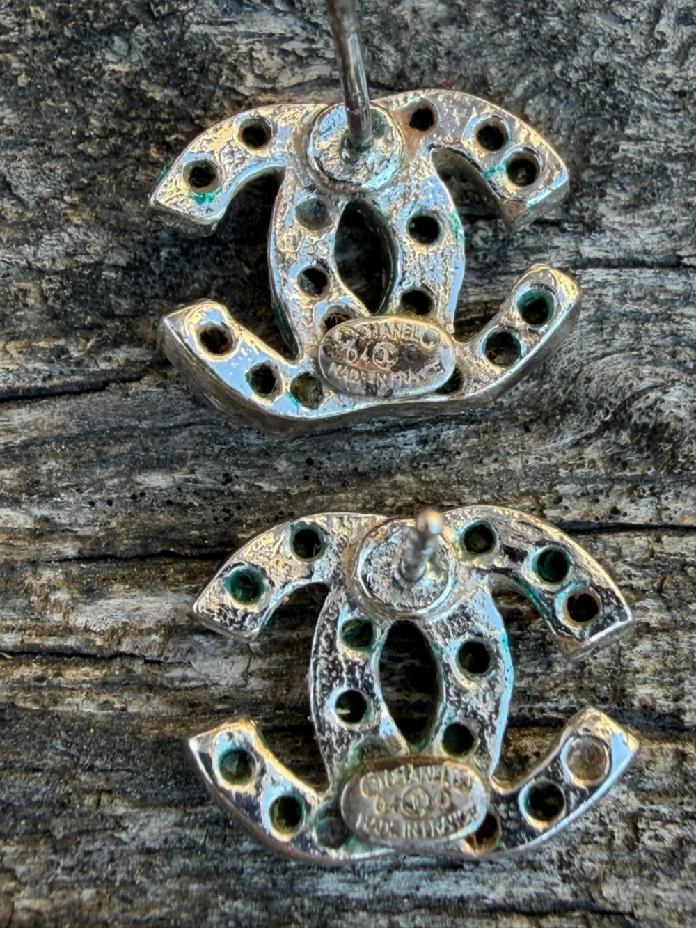 CHANEL Vintage Crystal Double C Stud Earrings - Clear Crystal and Silver Tone - Picture 6 of 10